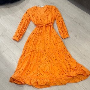 Zara Bright Orange Eyelet Tie-Waist Maxi Dress